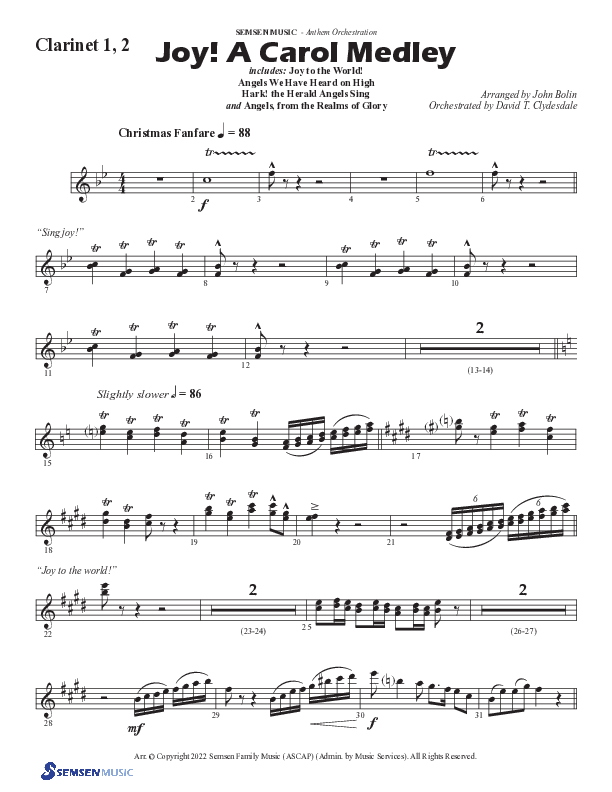 Joy A Carol Medley (Choral Anthem SATB) Clarinet 1/2 (Semsen Music / Arr. John Bolin)