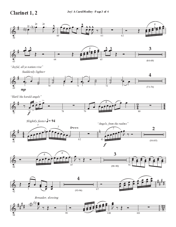 Joy A Carol Medley (Choral Anthem SATB) Clarinet 1/2 (Semsen Music / Arr. John Bolin)