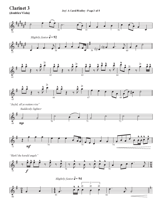 Joy A Carol Medley (Choral Anthem SATB) Clarinet 3 (Semsen Music / Arr. John Bolin)