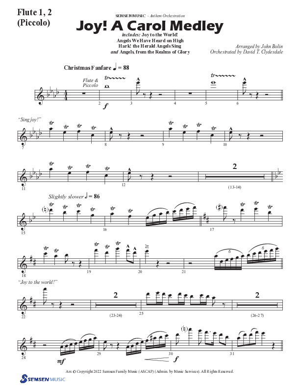 Joy A Carol Medley (Choral Anthem SATB) Flute 1/2 (Semsen Music / Arr. John Bolin)