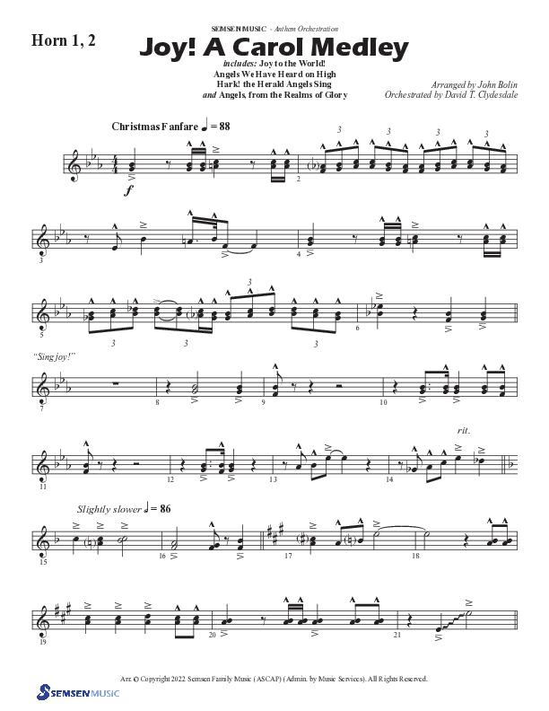 Joy A Carol Medley (Choral Anthem SATB) French Horn 1/2 (Semsen Music / Arr. John Bolin)