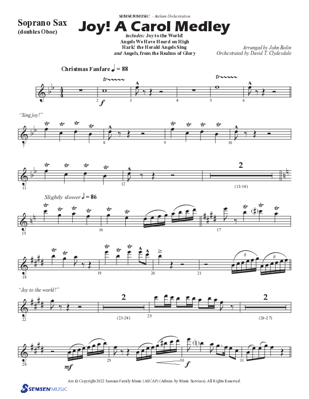 Joy A Carol Medley (Choral Anthem SATB) Soprano Sax (Semsen Music / Arr. John Bolin)