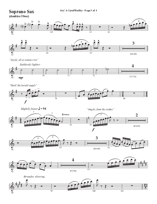 Joy A Carol Medley (Choral Anthem SATB) Soprano Sax (Semsen Music / Arr. John Bolin)