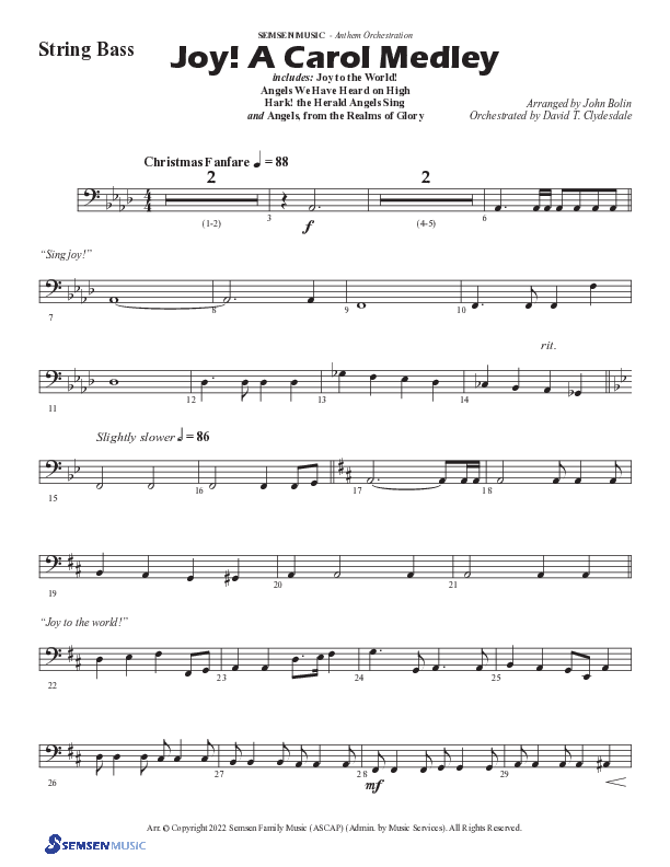 Joy A Carol Medley (Choral Anthem SATB) String Bass (Semsen Music / Arr. John Bolin)