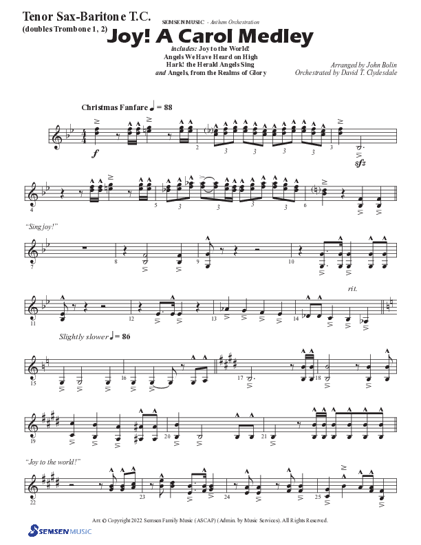 Joy A Carol Medley (Choral Anthem SATB) Tenor Sax/Baritone T.C. (Semsen Music / Arr. John Bolin)