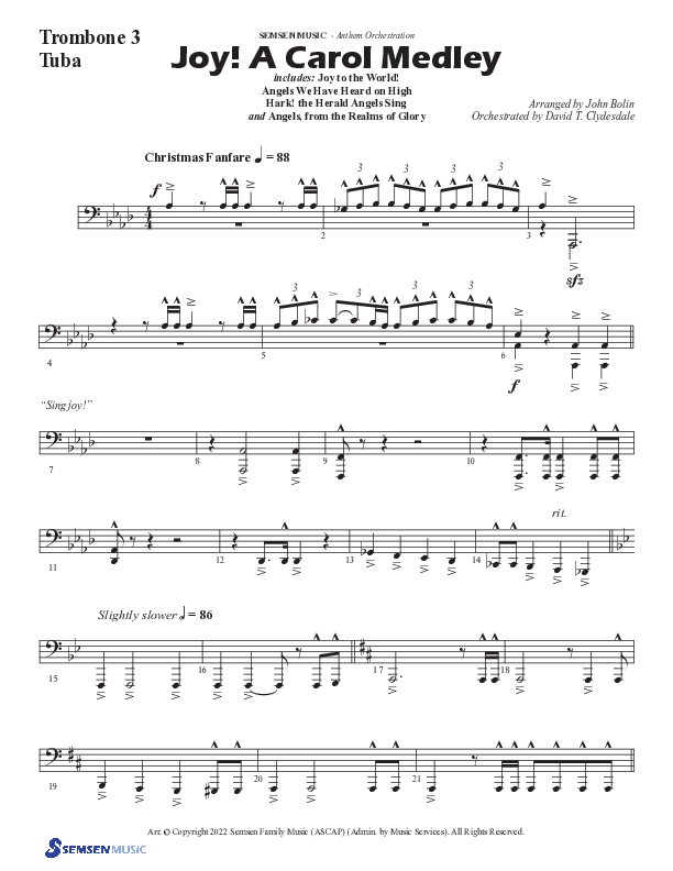 Joy A Carol Medley (Choral Anthem SATB) Trombone 3/Tuba (Semsen Music / Arr. John Bolin)