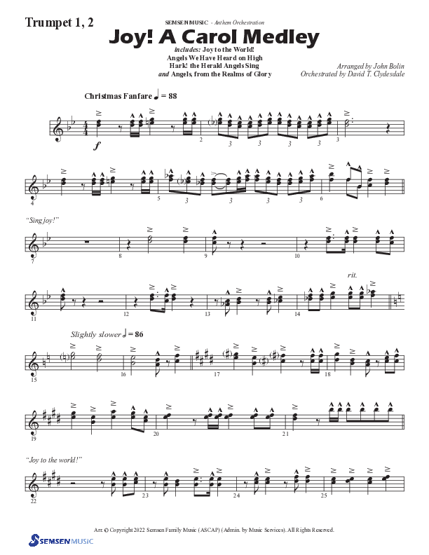 Joy A Carol Medley (Choral Anthem SATB) Trumpet 1,2 (Semsen Music / Arr. John Bolin)
