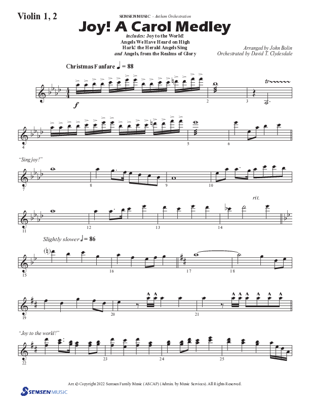 Joy A Carol Medley (Choral Anthem SATB) Violin 1/2 (Semsen Music / Arr. John Bolin)