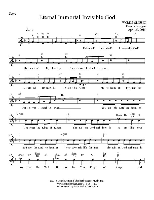 Eternal Immortal Invisible God Lead Sheet Melody (Dennis Jernigan)