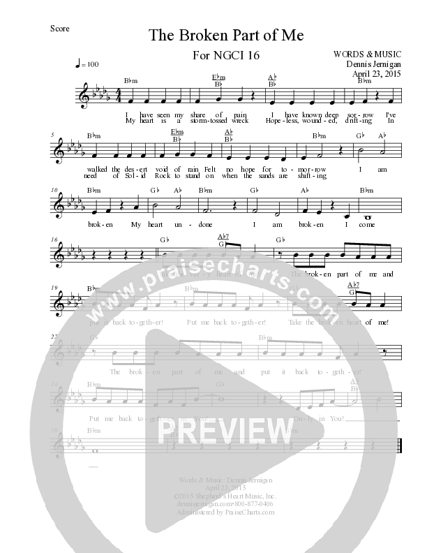The Broken Part Of Me Lead Sheet Melody (Dennis Jernigan)