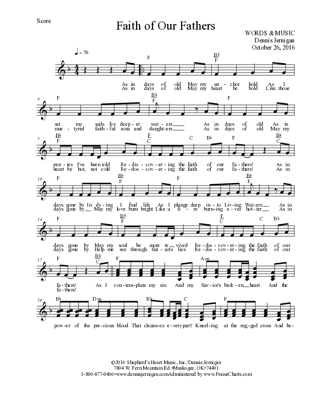 Faith Of Our Fathers Lead Sheet Melody (Dennis Jernigan)