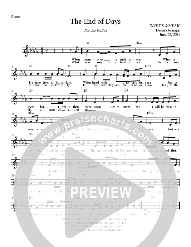 The End Of Days Lead Sheet Melody (Dennis Jernigan)