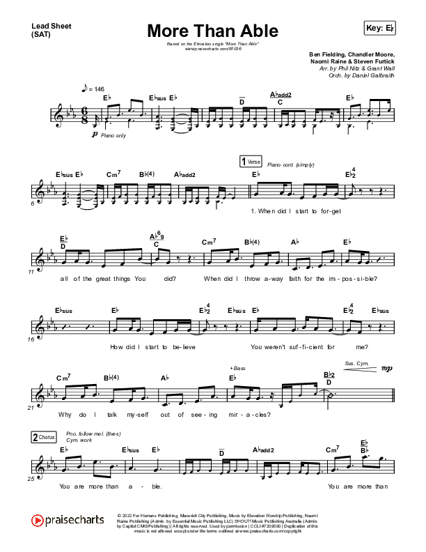 More Than Able (Choral Anthem SATB) Lead Sheet (SAT) (Elevation Worship / Chandler Moore / Tiffany Hudson / Arr. Phil Nitz)
