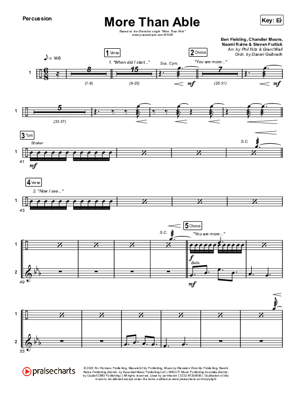 More Than Able (Choral Anthem SATB) Percussion (Elevation Worship / Chandler Moore / Tiffany Hudson / Arr. Phil Nitz)
