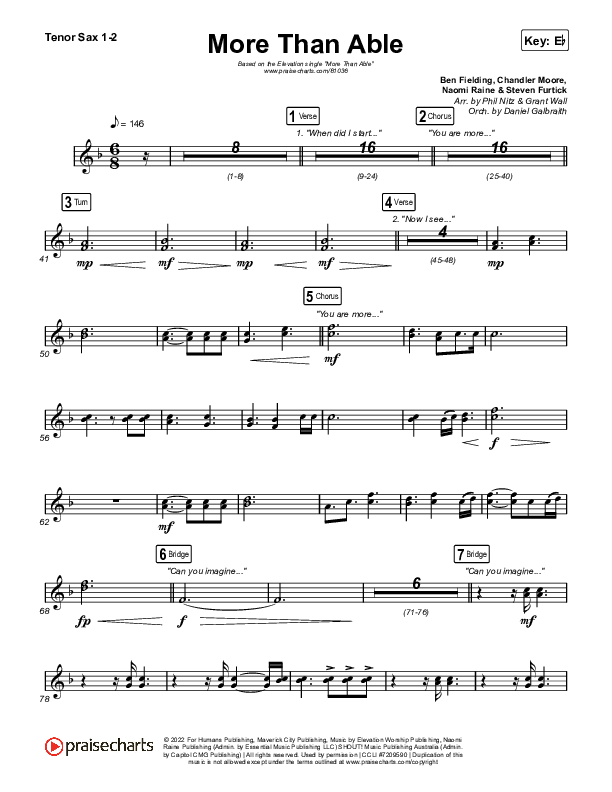 More Than Able (Choral Anthem SATB) Tenor Sax 1,2 (Elevation Worship / Chandler Moore / Tiffany Hudson / Arr. Phil Nitz)