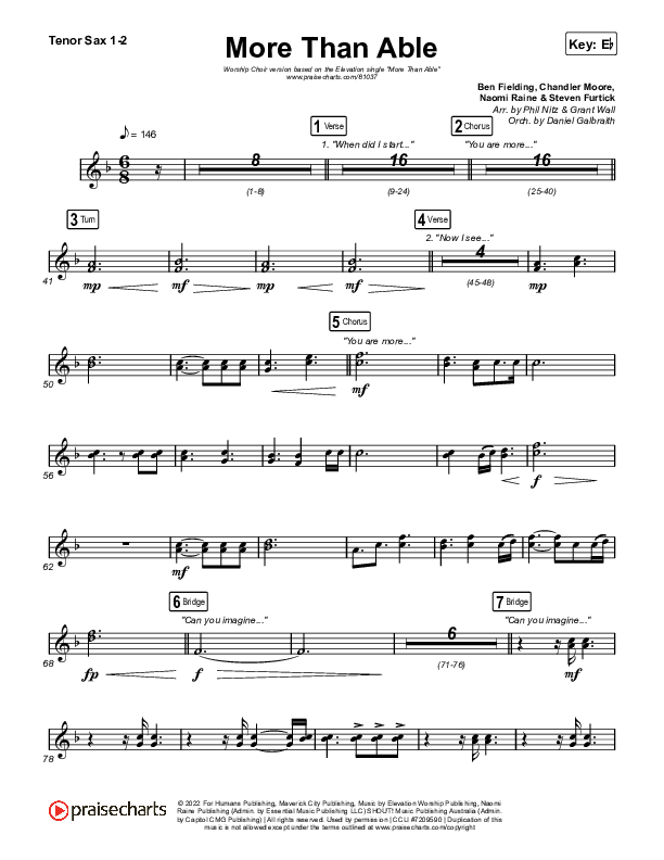 More Than Able (Worship Choir/SAB) Tenor Sax 1/2 (Elevation Worship / Chandler Moore / Tiffany Hudson / Arr. Phil Nitz)