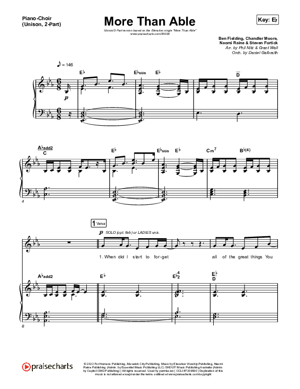 More Than Able (Unison/2-Part) Piano/Choir  (Uni/2-Part) (Elevation Worship / Chandler Moore / Tiffany Hudson / Arr. Phil Nitz)