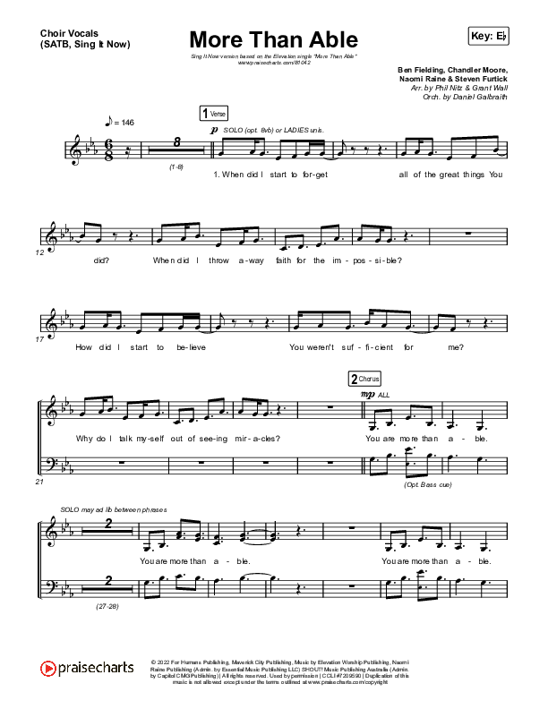 More Than Able (Sing It Now) Choir Sheet (SATB) (Elevation Worship / Chandler Moore / Tiffany Hudson / Arr. Phil Nitz)