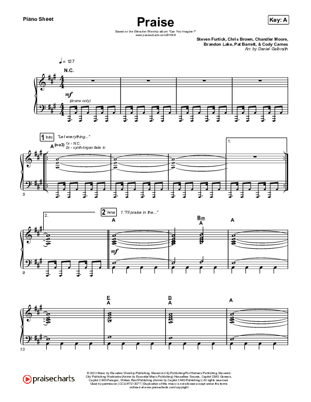 Praise Piano Sheet (Elevation Worship / Chris Brown / Brandon Lake / Chandler Moore)