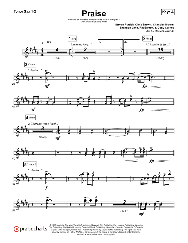 Praise Tenor Sax Sheet Music PDF (Elevation Worship / Chris Brown / Brandon  Lake / Chandler Moore) - PraiseCharts