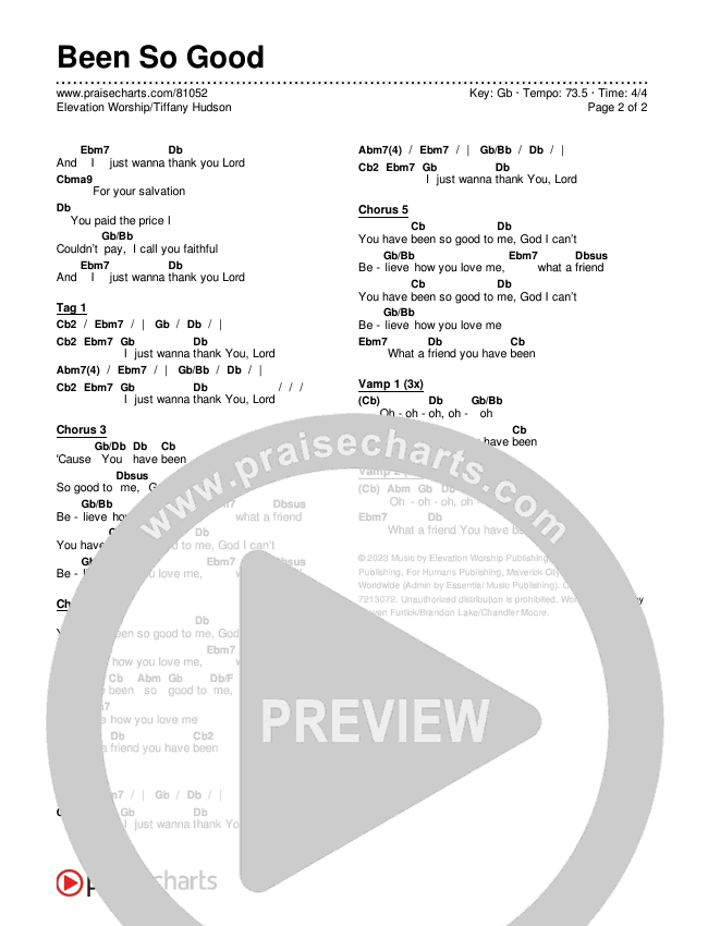 Been So Good Chords PDF (Elevation Worship / Tiffany Hudson) PraiseCharts