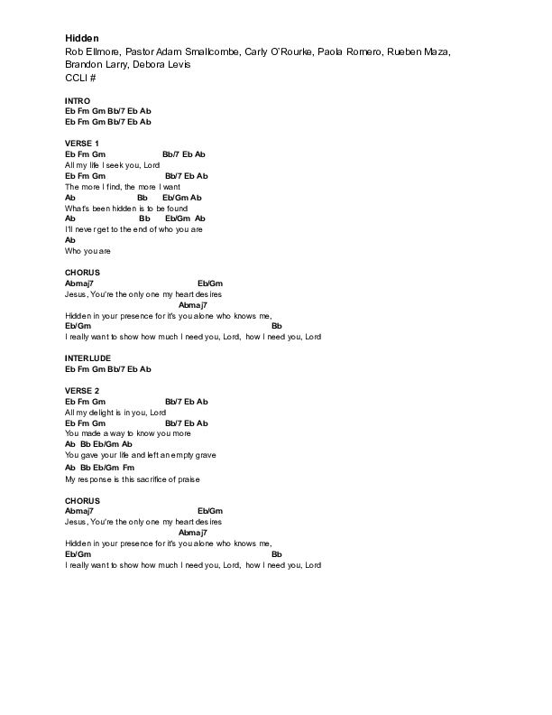 Hidden (Live) Chord Chart (Vive Worship)