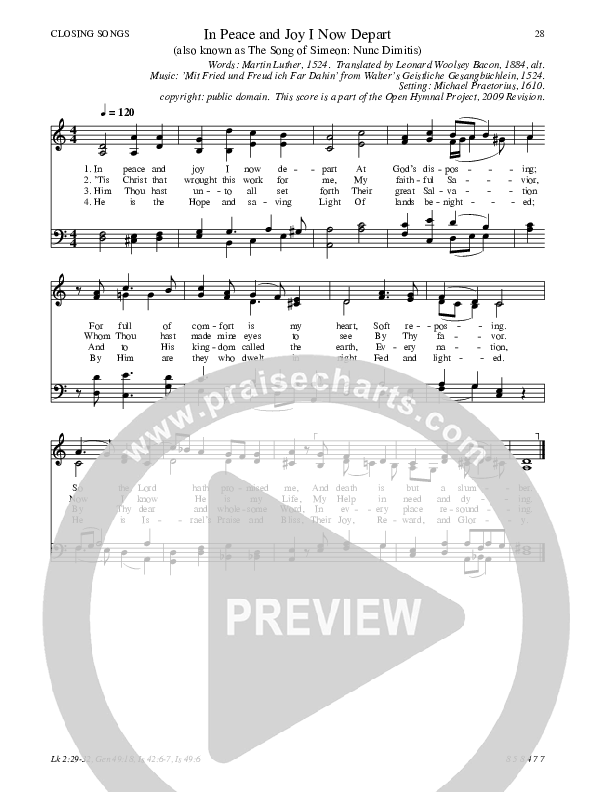 In Peace and Joy I Now Depart Hymn Sheet (SATB) (Traditional Hymn)