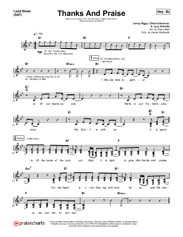 Thanks And Praise (Live) Lead Sheet (SAT) (Songs From The Soil / Lucy Grimble / Philippa Hanna / Rich DiCas)