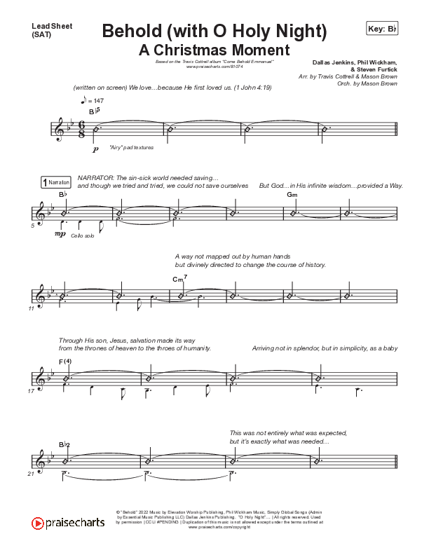 Behold (with O Holy Night) (A Christmas Moment) (Choral/SATB) Lead Sheet (SAT) (Travis Cottrell / Debbie Low / Orch. Mason Brown)
