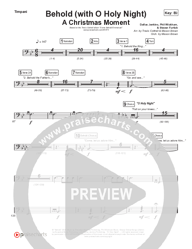 Behold (with O Holy Night) (A Christmas Moment) (Choral/SATB) Timpani (Travis Cottrell / Debbie Low / Orch. Mason Brown)