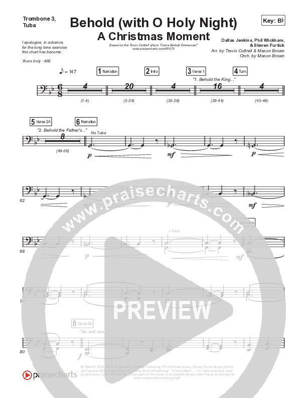 Behold (with O Holy Night) (A Christmas Moment) (Choral/SATB) Trombone 1,2 (Travis Cottrell / Debbie Low / Orch. Mason Brown)