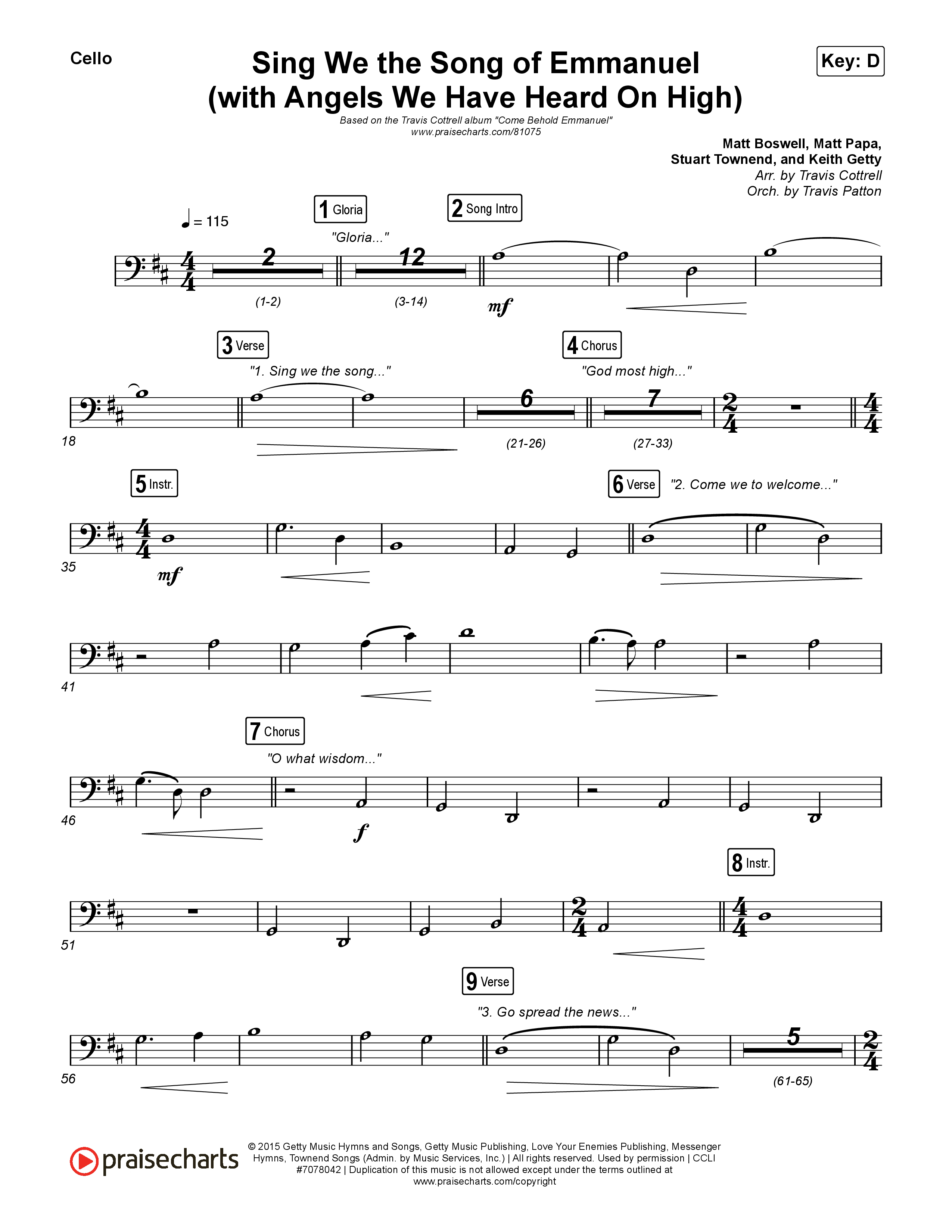 Sing We The Song Of Emmanuel (with Angels We Have Heard) (Choral/SATB) Cello (Travis Cottrell / Arr. Travis Cottrell / Orch. Travis Patton)