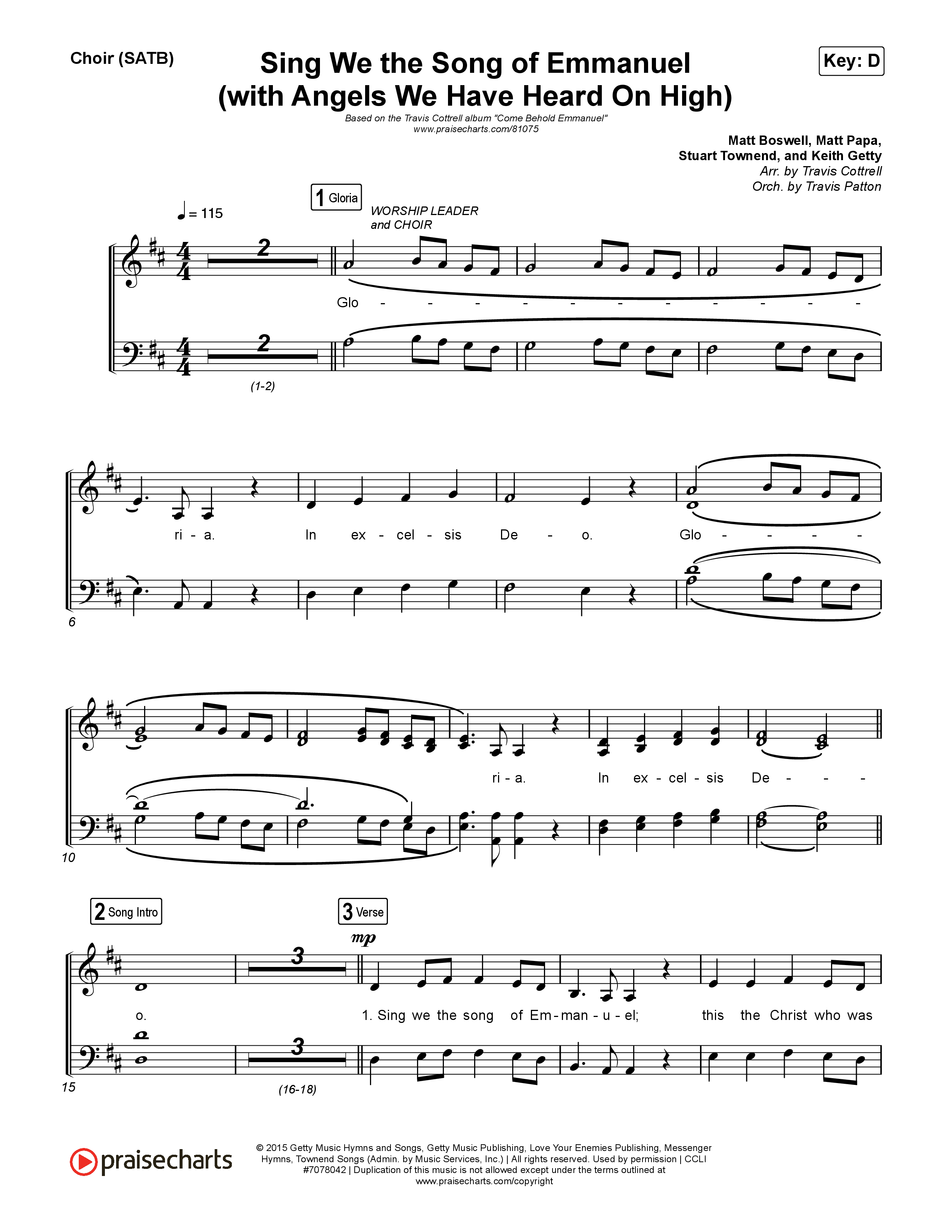 Sing We The Song Of Emmanuel (with Angels We Have Heard) (Choral/SATB) Choir Sheet (SATB) (Travis Cottrell / Arr. Travis Cottrell / Orch. Travis Patton)