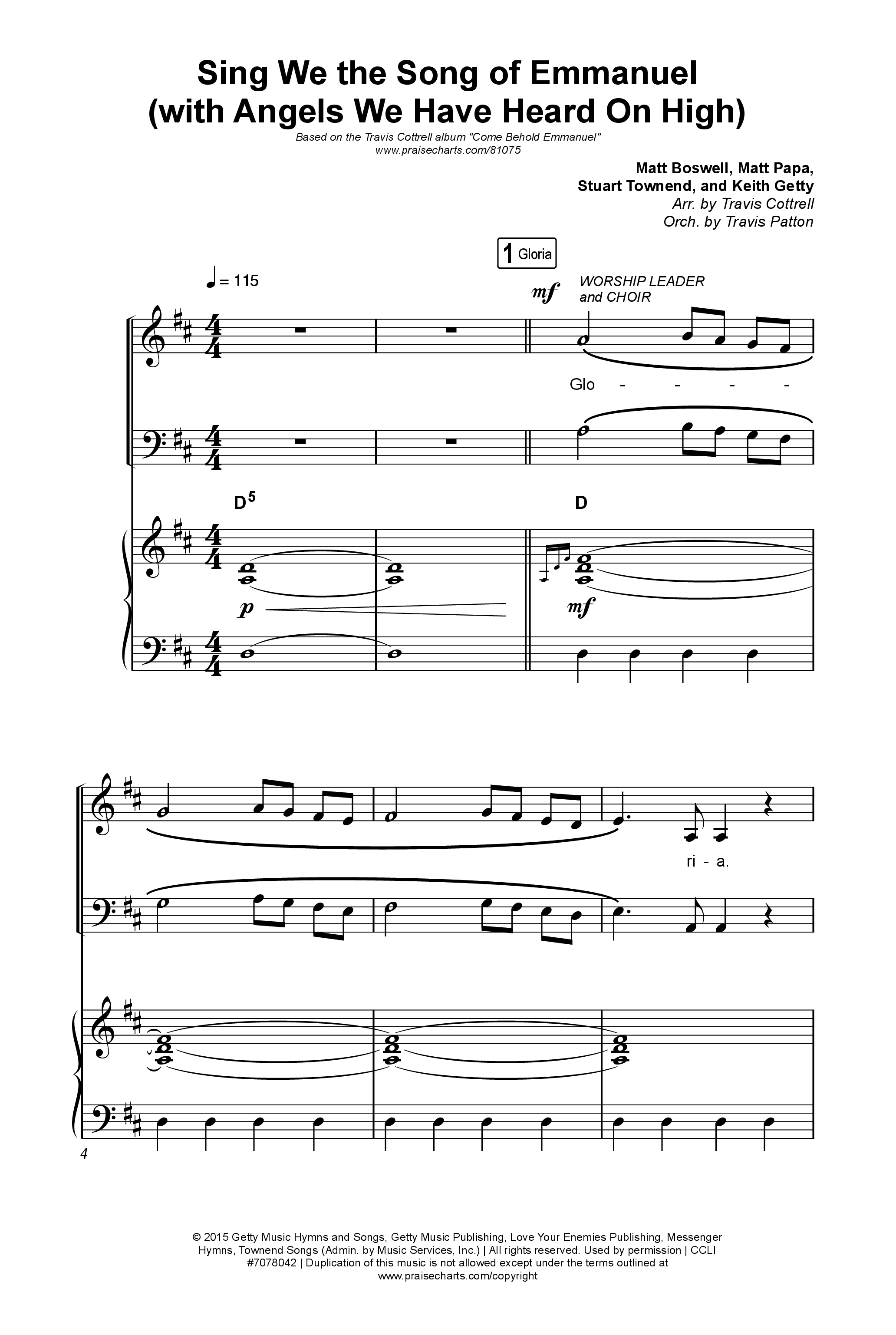 Sing We The Song Of Emmanuel (with Angels We Have Heard) (Choral/SATB) Octavo (SATB & Pno) (Travis Cottrell / Arr. Travis Cottrell / Orch. Travis Patton)