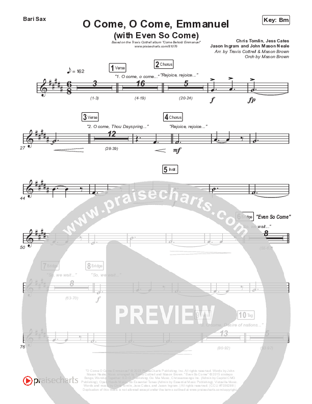 O Come O Come Emmanuel (with Even So Come) (Choral/SATB) Bari Sax (Cheryl Stark / Arr. Travis Cottrell / Orch. Mason Brown)
