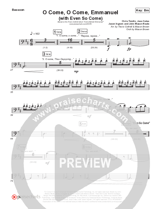 O Come O Come Emmanuel (with Even So Come) (Choral/SATB) Bassoon (Cheryl Stark / Arr. Travis Cottrell / Orch. Mason Brown)