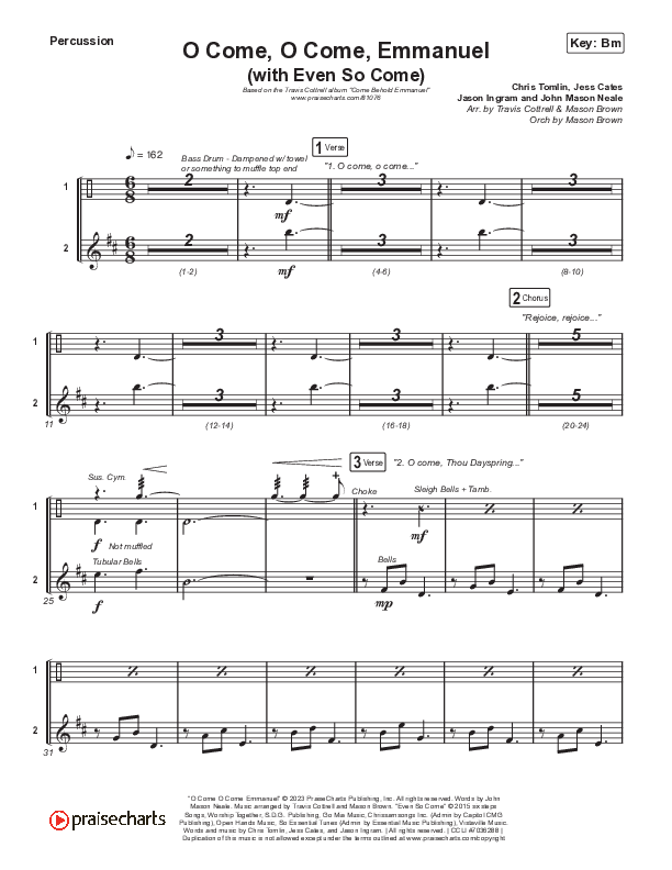 O Come O Come Emmanuel (with Even So Come) (Choral/SATB) Percussion (Cheryl Stark / Arr. Travis Cottrell / Orch. Mason Brown)