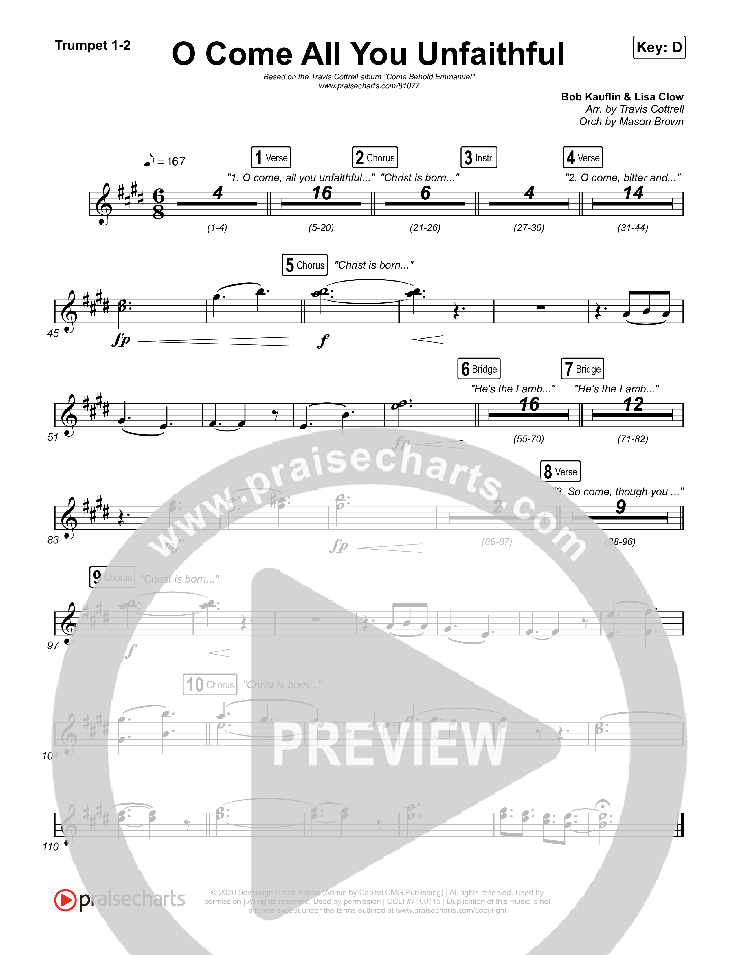 O Come All You Unfaithful (Choral/SATB) Trumpet 1,2 (Brooke Voland / Arr. Travis Cottrell / Orch. Mason Brown)