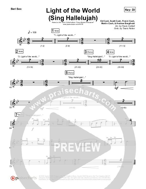 Light Of The World (Sing Hallelujah) (Choral/SATB) Bari Sax (Brooke Voland / Arr. Travis Cottrell / Orch. Travis Patton)