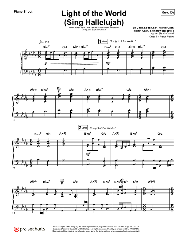 Light Of The World (Sing Hallelujah) Piano Sheet (Brooke Voland / Arr. Travis Cottrell / Orch. Travis Patton)
