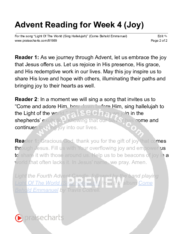 Light Of The World (Sing Hallelujah) (Choral/SATB) Reading (Brooke Voland / Arr. Travis Cottrell / Orch. Travis Patton)