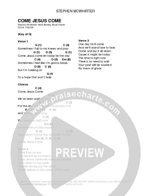 Come Jesus Come (Live) Chord Chart (Stephen McWhirter)