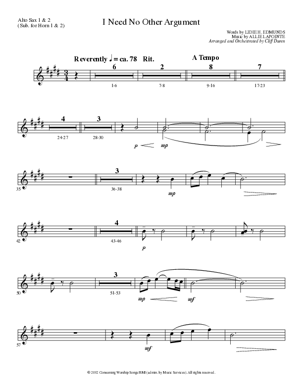 I Need No Other Argument (Choral Anthem SATB) Alto Sax 1/2 (Lillenas Choral / Arr. Cliff Duren)