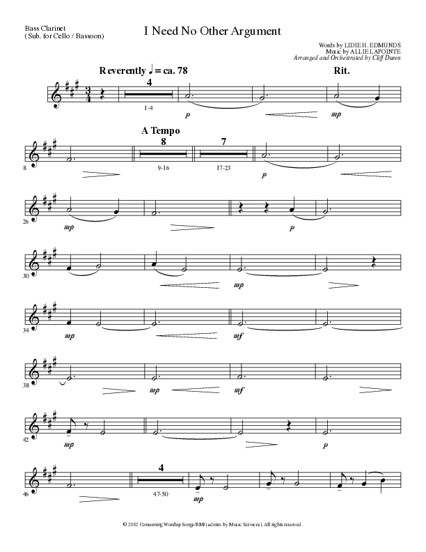 I Need No Other Argument (Choral Anthem SATB) Bass Clarinet (Lillenas Choral / Arr. Cliff Duren)