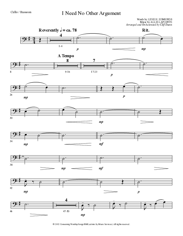 I Need No Other Argument (Choral Anthem SATB) Cello (Lillenas Choral / Arr. Cliff Duren)