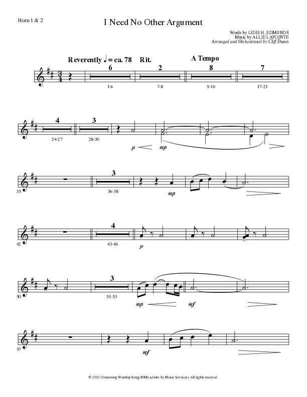 I Need No Other Argument (Choral Anthem SATB) French Horn 1/2 (Lillenas Choral / Arr. Cliff Duren)