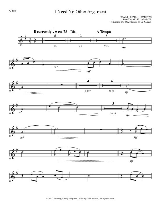 I Need No Other Argument (Choral Anthem SATB) Oboe (Lillenas Choral / Arr. Cliff Duren)