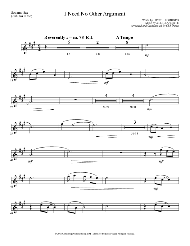 I Need No Other Argument (Choral Anthem SATB) Soprano Sax (Lillenas Choral / Arr. Cliff Duren)