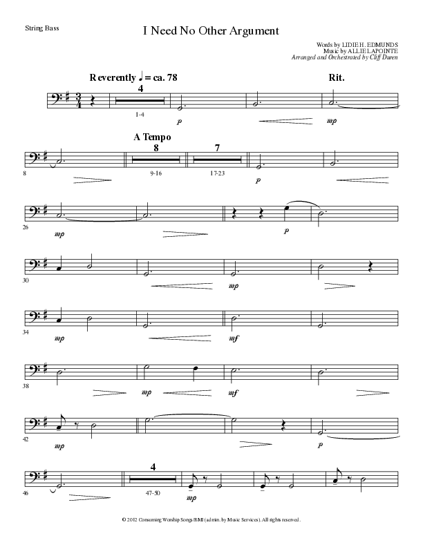 I Need No Other Argument (Choral Anthem SATB) String Bass (Lillenas Choral / Arr. Cliff Duren)