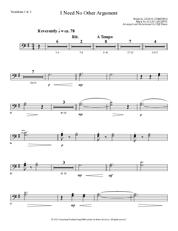 I Need No Other Argument (Choral Anthem SATB) Trombone 1/2 (Lillenas Choral / Arr. Cliff Duren)